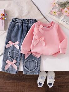 Baby Girl 2pcs Set, Sweet Pink Bow Sweatshirt + Heart Applique Distressed Bow Denim Pants, Casual Autumn/Spring Outfit - Pink - View 4