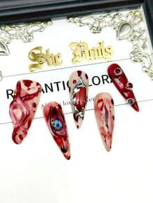 DIY Gothic Punk Bloody Halloween Black/Green/Red Nail Art Fake Nails 10pcs Metallic Pointed Handmade Press-On Nails 3D Handmade Eyes/Ghosts/Bloodstain Gradient 3D Silver Beads Suitable For Party/Daily/Cosplay, Includes Jelly Glue And Nail File - Multicolor - View 6