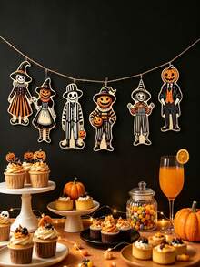 1 Set Halloween Character Hanging Banners, Pumpkin Gentleman & Skeleton Maid Paper Cutout Garland, Halloween Home Wall, Window, Front Door Party Background Decoration - A - View 2