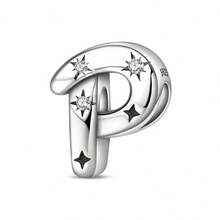 1 pieza Encanto de cuentas de la serie de iniciales estrelladas de estilo cielo estrellado celestial de plata de ley S925 de baja alergia, adecuado para pulsera original, fabricación de joyas DIY para mujeres, regalo de cumpleaños - Blanco - Ver 26