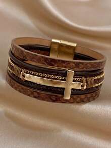 1 pieza Pulsera envolvente de cuero PU vintage con capas y colgante de cruz, estilo bohemio minimalista unisex, para uso diario/verano/fiesta, regalo para mamá, San Valentín y cumpleaños - Multicolor - Ver 4