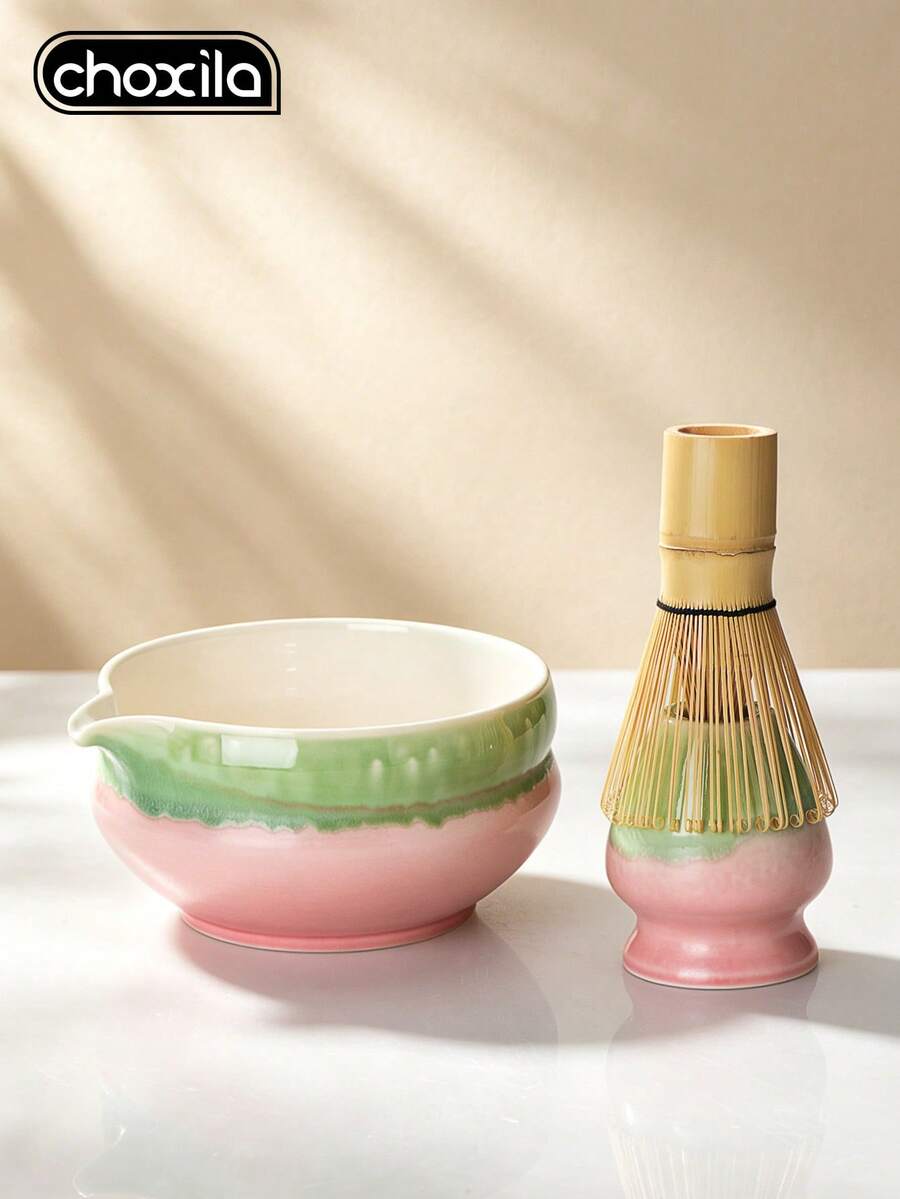 choxila 2pcs Pink-Green Gradient Ceramic Matcha Bowl Set, Includes Tea Whisk Holder, Spout Japanese Tea Bowl, Suitable For Matcha Tea Ceremony - Matcha Two-piece Set - View 1