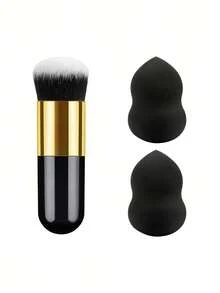 1pc Large Fluffy Foundation Powder Brush + 2pcs Black Makeup Sponge Set, Soft Dense Bristles, Multi-Functional Face Makeup Tool Kit, Suitable For Blush, Concealer - Multicolor - View 8