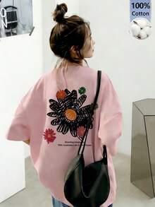 女款寬鬆圓領短袖字母與花卉印花T恤，春夏休閒粉色 - 粉色 - 查看 1