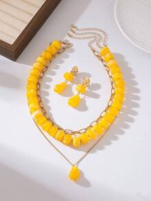 3 piezas/1 set Conjunto de joyas de collar y pendientes de estilo bohemio con capas de cuentas de acrílico, adecuado para uso diario, viajes y vacaciones - Amarillo - Ver 7