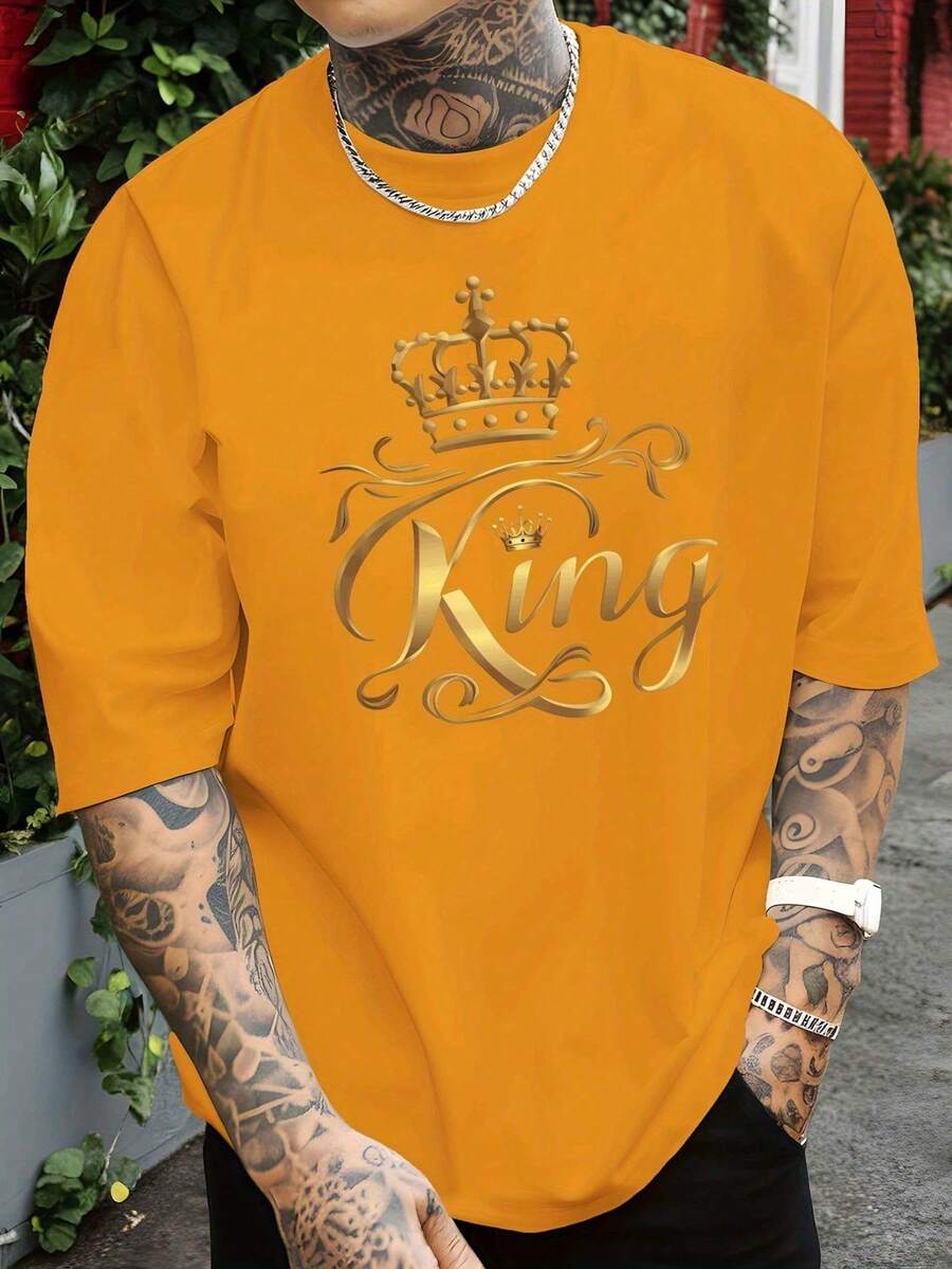 Men's Crew Neck T-Shirt, 100% Cotton, Graphic Print, Breathable And Lightweight Fabric, Machine Washable, Casual Style Ideal For Everyday Wear, Outings And Dates All Year Round - 橘色 - 查看 1