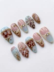 10pcs Handmade Medium Almond Shape Press-On False Nails, Baby Blue & Brown, 3D Gold Rings & Polka Dots, 3D Floral & Tortoise Shell French Tips With Rhinestones, Removable & Reusable Manicure Set (Includes Jelly Glue & Nail File) - Blue-brown - View 4