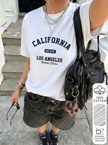 2026夏季新款女士洛杉矶字母印花纯棉宽松短袖T恤，休闲百搭上衣 白色 - 白色 - 查看 4