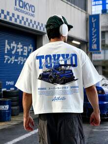 男士東京賽車漂移印花街頭風寬鬆T恤，夏季新款復古獨特設計單件 - 白色 - 查看 4