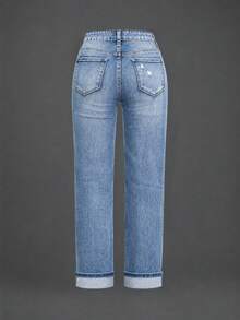 New Women's Fashion Elastic Distressed Skinny Jeans With Pockets - Elastic Straight Leg Jeans Casual Spring - Medium Wash - View 5