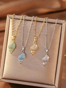 Hihho 1pc Fresh Sea Breeze Exquisite Luxury Alloy Gold-Silver Dual-Tone Necklace With Blue Turquoise And White Zirconia Stones, 3D Seashell Pendant, Versatile Collarbone Chain For Women, Suitable For Daily Commute And Beach Outings - Shell Set - View 2