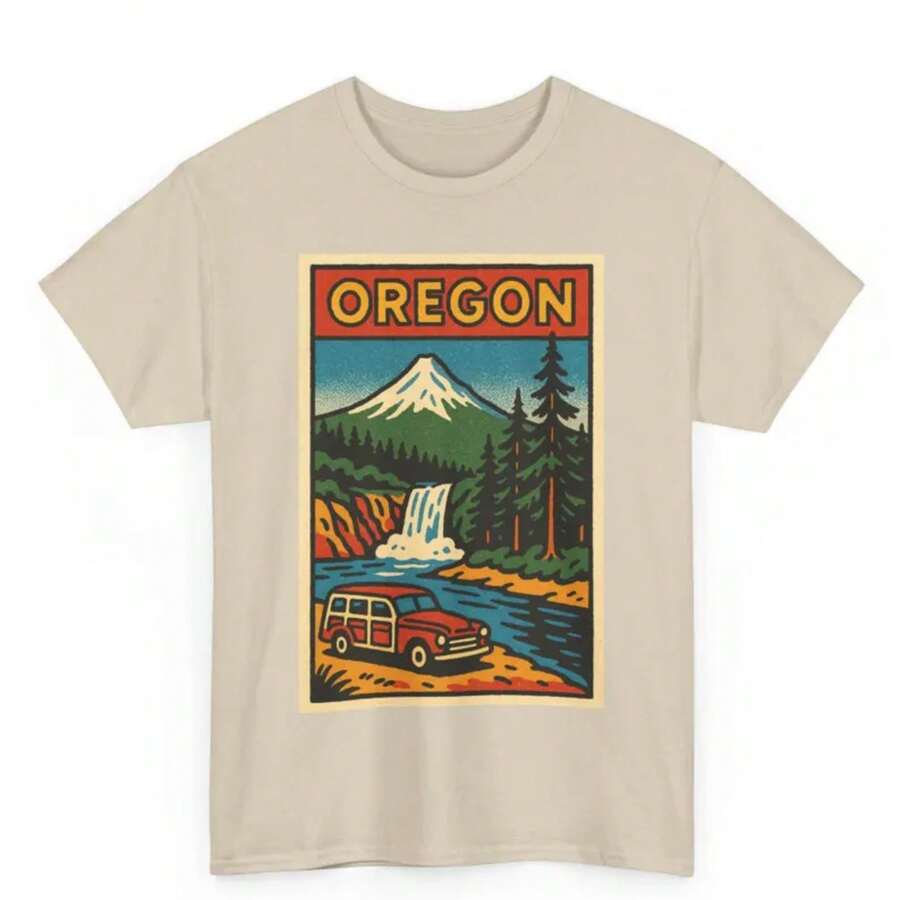 Retro Comic T-Shirt: Pacific Northwest Nature Graphic Tee - Unisex Women & Men's Daily Wear - Cute White Summer T-Shirt, Casual Wear, Comfortable T-Shirts - 杏色 - 查看 1