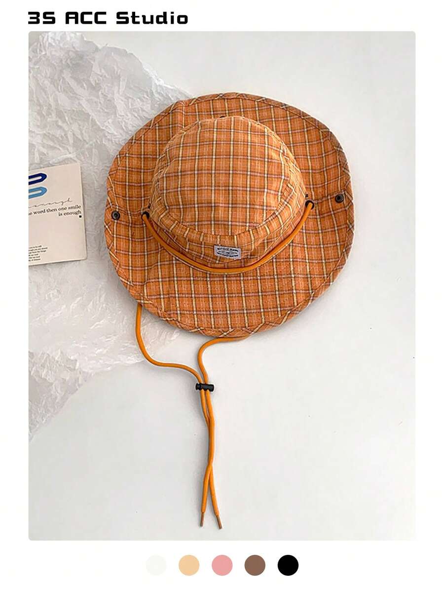 1 Stück Vintage-Karomuster-Patchwork-Kontrastfarben-Kordelzug-Breitkrempel-Fischerhut, Boho-Urlaubs-Frühling-Sommer-Sonnenhut, heller monochromer Look Schnürung-Sonnenschutz-Hut für Reisen und UV-Schutz