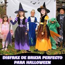 HomeChi Disfraz Bruja para Niña Halloween, Vestido de Bruja con Sombreros y Palos de Escoba, Outfit Lindo Trajes Cosplay para Fiestas Infantiles Cumpleaño Espectáculo Carnaval Halloween - Morado - Ver 6