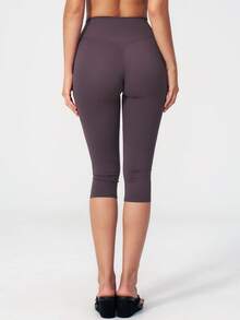 NcmRyu Women's 1pc Solid Color High Waist Tummy Control Butt Lifting Slim Fit Sports Mid-Length Shorts - Purple - View 3