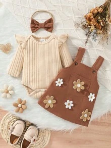 3pcs Set Baby/Toddler Spring/Autumn Long Sleeve Knit Top + Bow Headband And 3D Applique Craft Casual Overall Dress Set - Multicolor - View 1