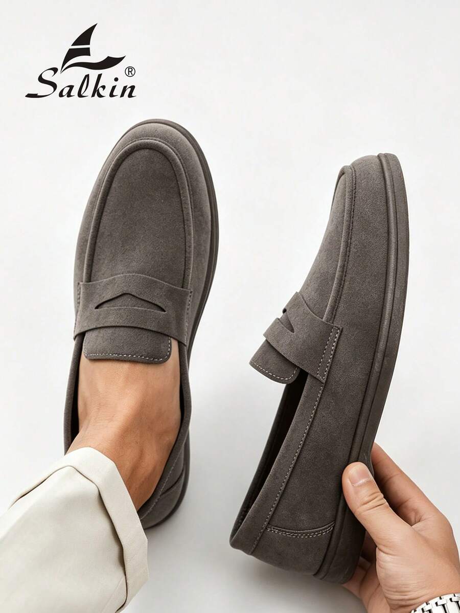 Salkin 經典時尚設計師男士套腳樂福鞋，純色仿麂皮莫卡辛休閒鞋，平價奢華感，柔軟舒適透氣防滑耐磨平底休閒鞋，時尚百搭適合學生返校季畢業典禮學院風商務正式鞋男士辦公室派對宴會婚禮新郎鞋春夏秋季大尺碼男鞋多色可選，尺碼偏小，請選擇大一號 - 灰色 - 查看 1