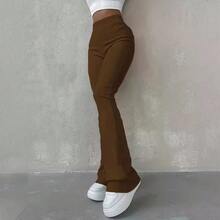 Leggings casuales populares de canalé, corte ajustado y sencillo, pantalones de moda de cintura alta en color sólido. - Plateado - Ver 2