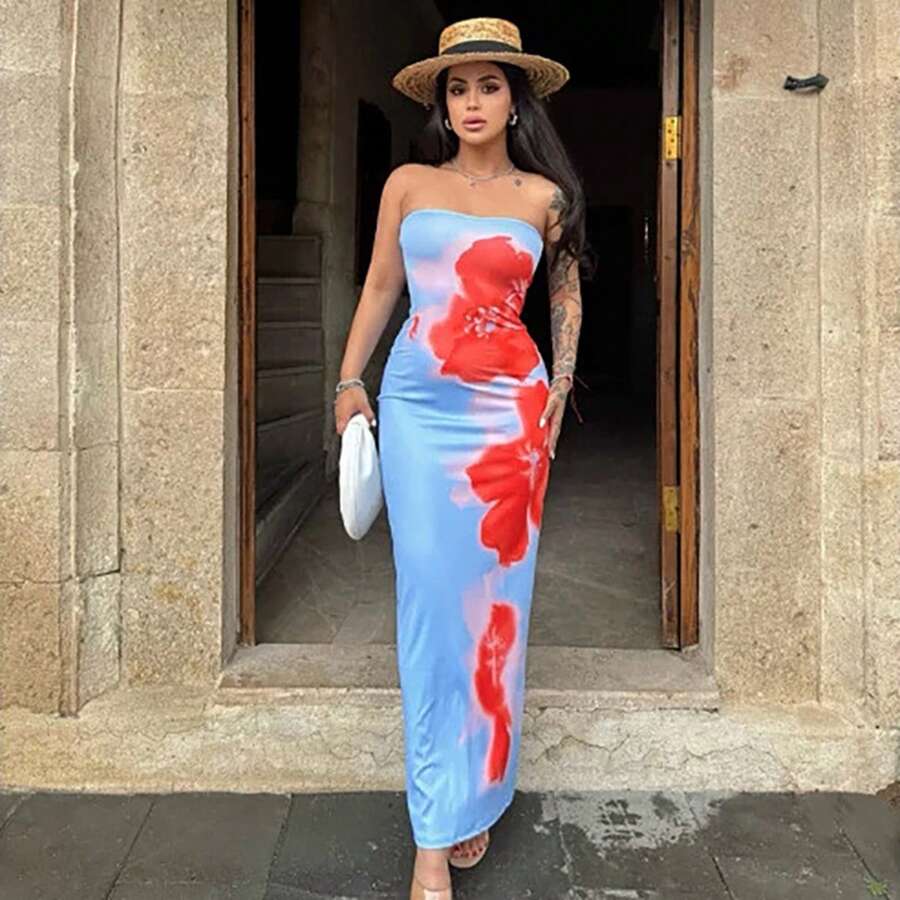 Sexy, Fitted, Printed, Strapless Dress With A Slit And A Body-Hugging Cut. - 鵝黃色 - 查看 1