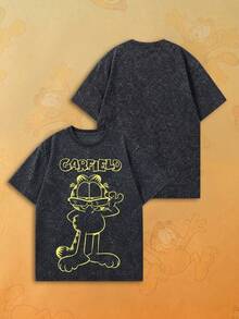 SHEIN | Garfield 女款水洗灰色T恤，街頭休閒風，黑色夏季女孩款 - 黑色 - 查看 2