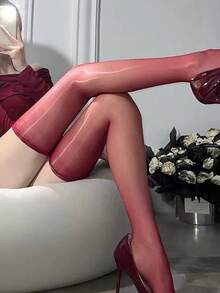1雙亮面透膚大腿高筒襪，彈性防滑收口薄款過膝襪，彈性塑形女款日常約會夜店Y2K性感腿部飾品 - 彩色 - 查看 8