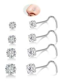 8pcs Gold/Silver S-Shaped Nose Ring Set, Multi-Size Clear CZ Nose Piercing Jewelry, Minimalist Daily Wear, Unisex - 8 Pcs Nose Stud - View 9