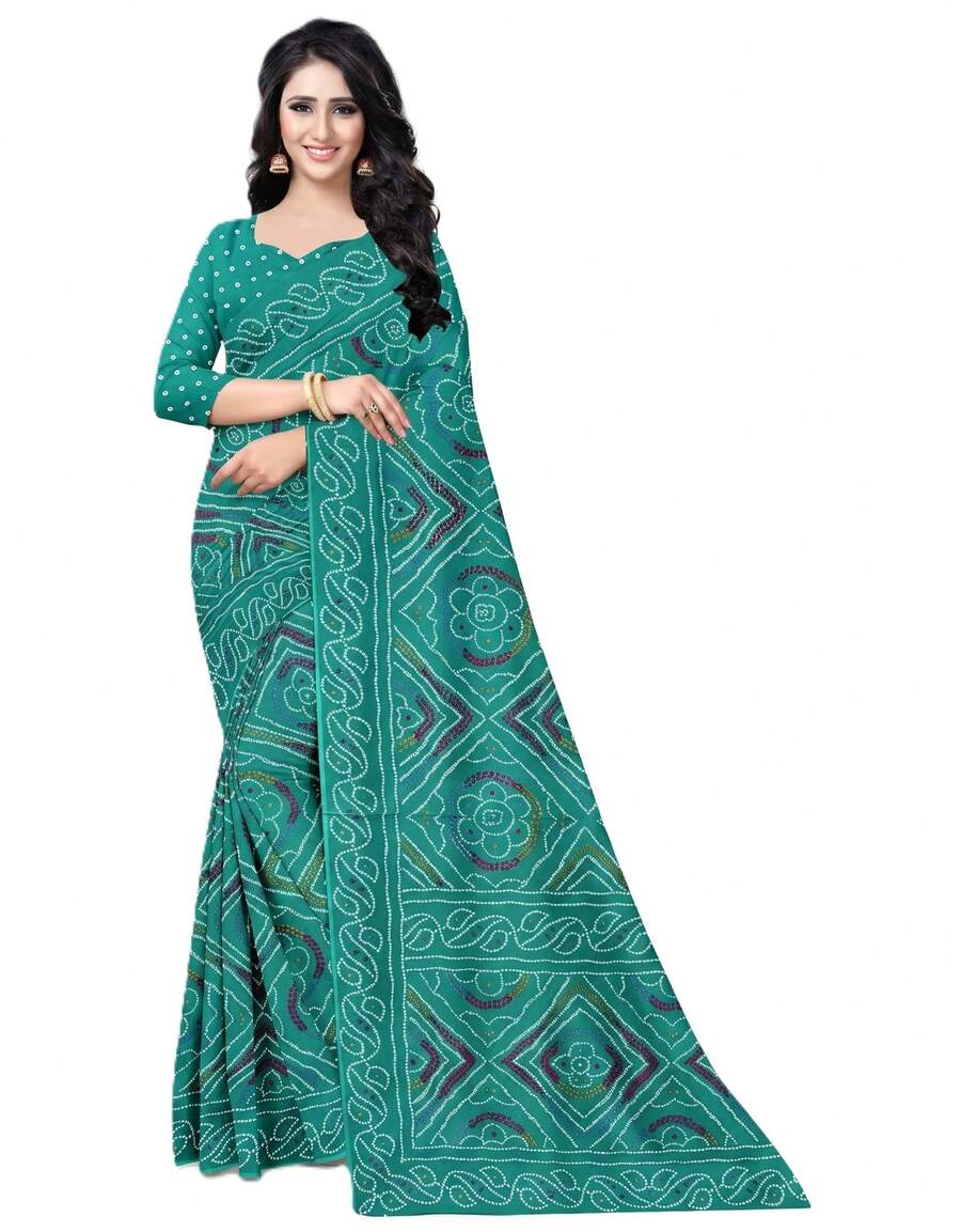 Estationeryhouse Bandhani Printed With Leaf Design Border With Unstitched Blouse Pc - Turquoise - View 1