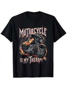Camiseta Gráfica para Hombres Entusiastas de las Motocicletas - Impresionante Diseño de Llamas con la Frase 'Las Motocicletas Son Mi Relajación', Camiseta de Cuello Redondo de 180G, Regalo P - Negro - Ver 1