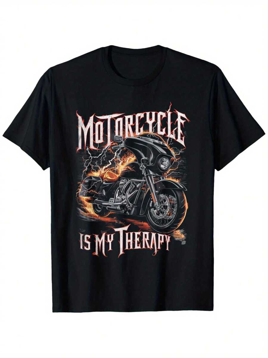 Camiseta Gráfica para Hombres Entusiastas de las Motocicletas - Impresionante Diseño de Llamas con la Frase 'Las Motocicletas Son Mi Relajación', Camiseta de Cuello Redondo de 180G, Regalo P - Negro - Ver 1
