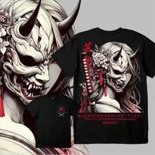 Unisex Black T-Shirt 100% Unwashed Cotton, A320 Geisha Design With Hannya Mask, Anime And Samurai Style, Streetwear Aesthetic Fashion, Casual Wear For Men And Women, Perfect For Use - 西瓜粉 - 查看 1