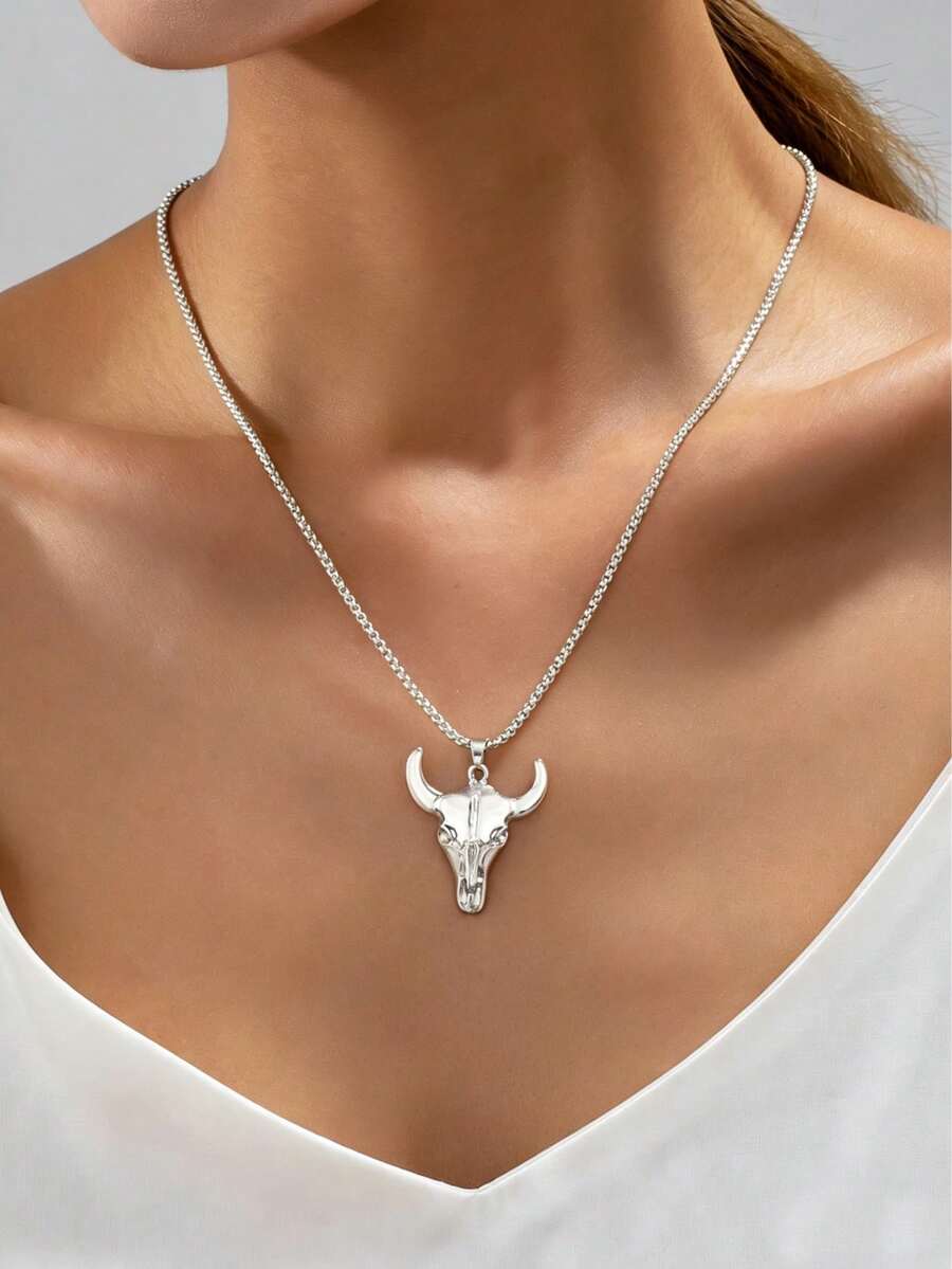 1pc European & American Western Cowboy Style White Gold Bull Head Couple Necklace - Platinum - View 1