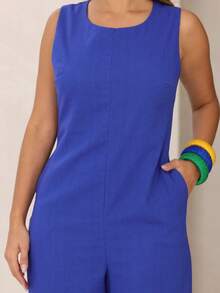 Elegant Linen Jumpsuit With Wide Legs And Discreet Pockets. - Royal Blue - View 5