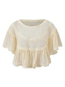 Womens Boho Sheer Mesh Lace Blouse Y2K Chiffon Ruffle Sleeve See Through Babydoll Cropped Shirt Top Summer Beach Vacation Cover Up Going Out Tops - 白色 - 查看 7