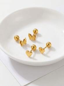 2 Pairs/Set Children's Minimalist Sweet Cute Delicate Matte Double-Layer Butterfly And Smooth Heart Gold Stud Earrings, Ideal Gift For Girls, Kids, Family, Friends, Classmates, Sisters, Daughters, Suitable For Street, Vacation, Party, Date, Festival, Birthday, Anniversary, Daily Wear Jewelry Accessories - Gold - View 1
