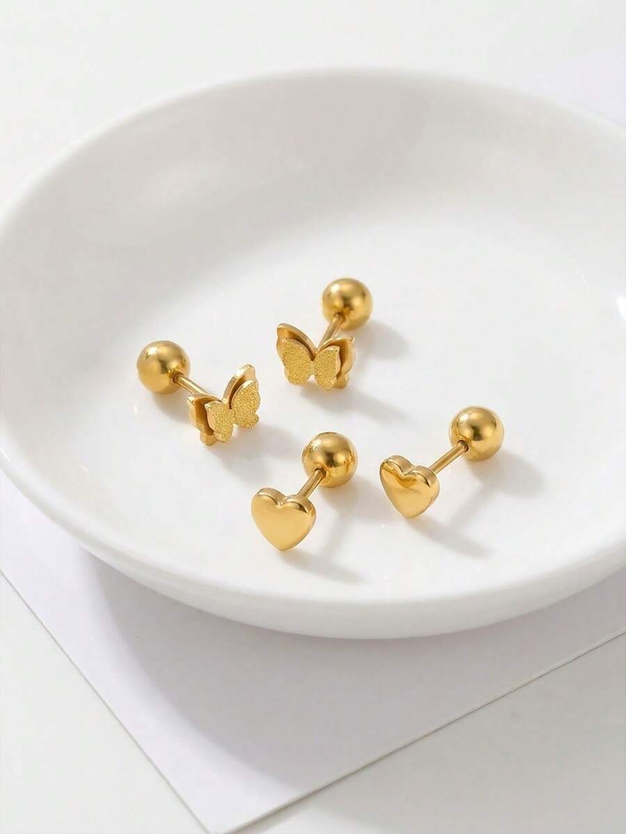 2 Pairs/Set Children's Minimalist Sweet Cute Delicate Matte Double-Layer Butterfly And Smooth Heart Gold Stud Earrings, Ideal Gift For Girls, Kids, Family, Friends, Classmates, Sisters, Daughters, Suitable For Street, Vacation, Party, Date, Festival, Birthday, Anniversary, Daily Wear Jewelry Accessories - Gold - View 1