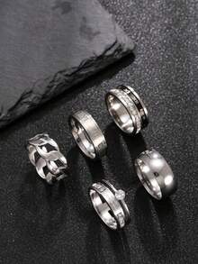 5pcs Minimalist Men's Ring Set, Stainless Steel Hollow Chain Roman Numeral Engraved Rhinestone Double Band Rings, Men's Accessories - 5 Openwork Diamond-encrusted Rings - View 1