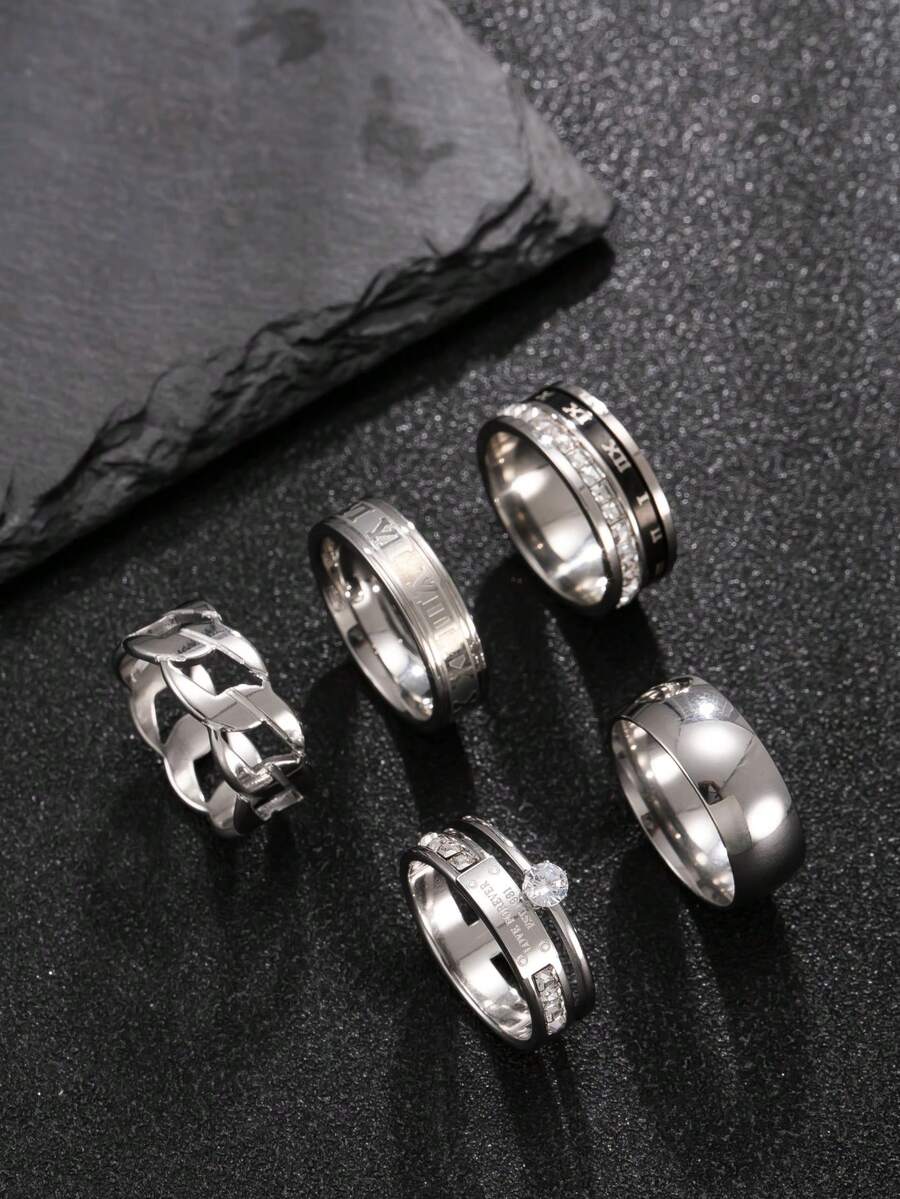 5pcs Minimalist Men's Ring Set, Stainless Steel Hollow Chain Roman Numeral Engraved Rhinestone Double Band Rings, Men's Accessories - 5 Openwork Diamond-encrusted Rings - View 1
