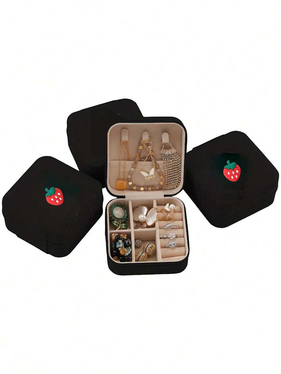 1/2/4pc Strawberry Cherry Mini Jewelry Storage Box, Portable Zipper Travel Jewelry Organizer, Women's Gift Box, Multi-Functional Jewelry Display Stand, Suitable For Rings, Pendants, Earrings, Necklaces - Gift Box For Girls And Women, Halloween Gift Box, Christmas Gift Box. Storage And Organization, Travel Essential, Suitable For Summer Back To School Season. (Pattern Direction Random)