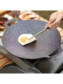 1pc Korean Style Round Griddle Pan, Dual Handle Design, Even Heat Distribution, Suitable For Searing Steak, Pork Belly, Seafood, Making Fried Rice, Pasta. Ideal For Home Indoor Cooking And Outdoor Camping, Picnic, BBQ Party. - Black - View 9