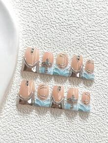 10件裝溫柔風手工穿戴甲，Polygel美甲套組，藍白十字圖案，藍白指甲油，復古風，含美甲工具，3種尺寸可選，杏仁形、鴨嘴形、棺材形，適合派對、跳舞、日常配戴 - 彩色 - 查看 2