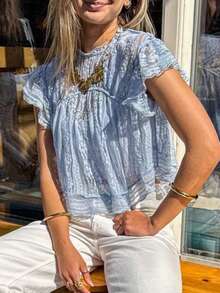 Women's Sheer Lace Ruffle Sleeve Crop Top, Y2K High Neck Ruched Babydoll Blouse, Summer Boho Top - Blue - View 3