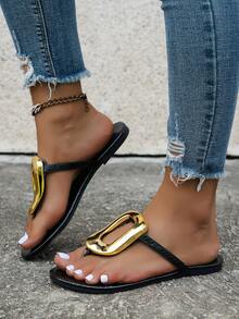 Sandal Jepit Wanita dengan Cincin Logam Besar, Sandal Pantai Musim Panas Kasual dan Datar - Hitam - View 4