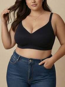 1件女士大碼無縫無鋼圈文胸,提升、塑形和支撐,防止下垂和減少側邊的突肉 - 黑色 - 查看 2
