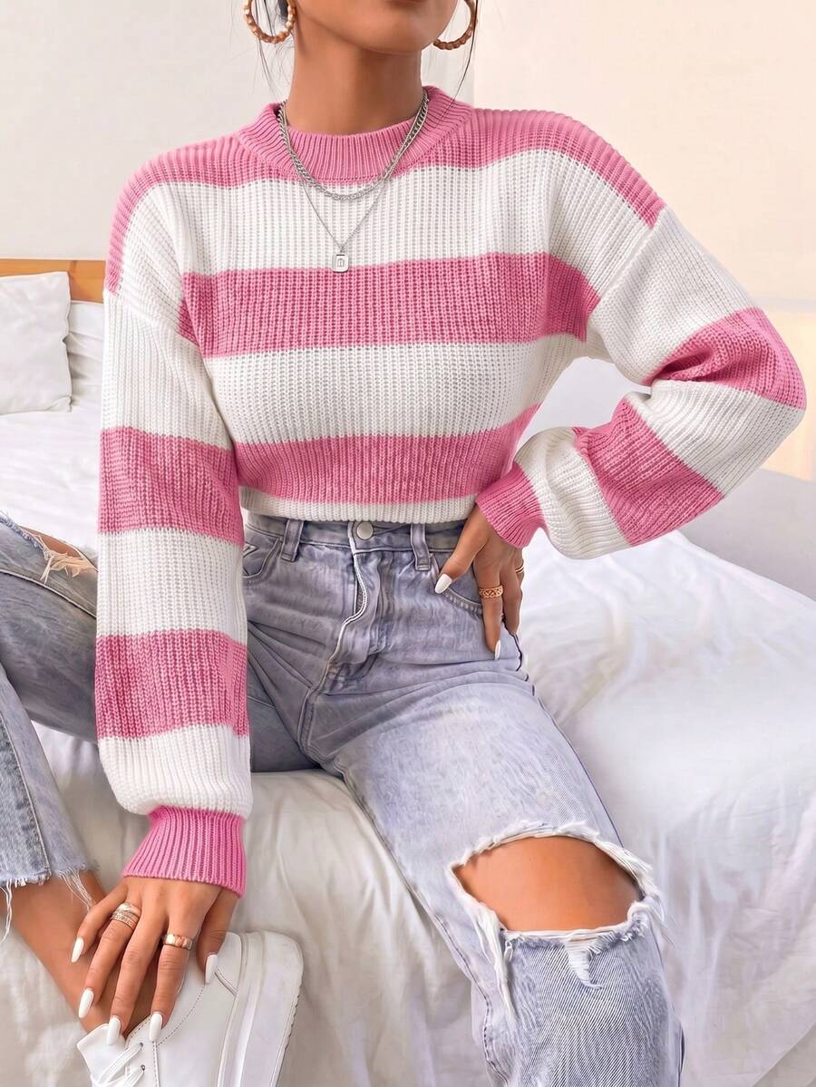 Striped Cropped Knit Blouse, Balloon Sleeves, Round Neck, Women's, Autumn/Winter 2026, , Premium Fabric, Sweater, Retro, Everyday Wear, Fashionable, New Line, University Style, Warm, Various Colors, Y2k - 淺粉色 - 查看 1