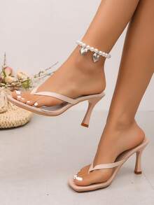 Apricot Open Toe Thong High Heel Sandals, Breathable Multi-Functional Minimalist Thin Heel Square Toe Sandals For Women, Suitable For Summer Wear - Apricot - View 8