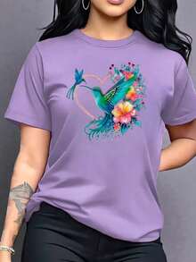 on mariposa colibri flor flores floral estilo glitter gliter brillos brillante uso diario dia noche san valentin dia de los enamorados material suave corte holgado cuello redondo manga corta - Lila Púrpura - Ver 1