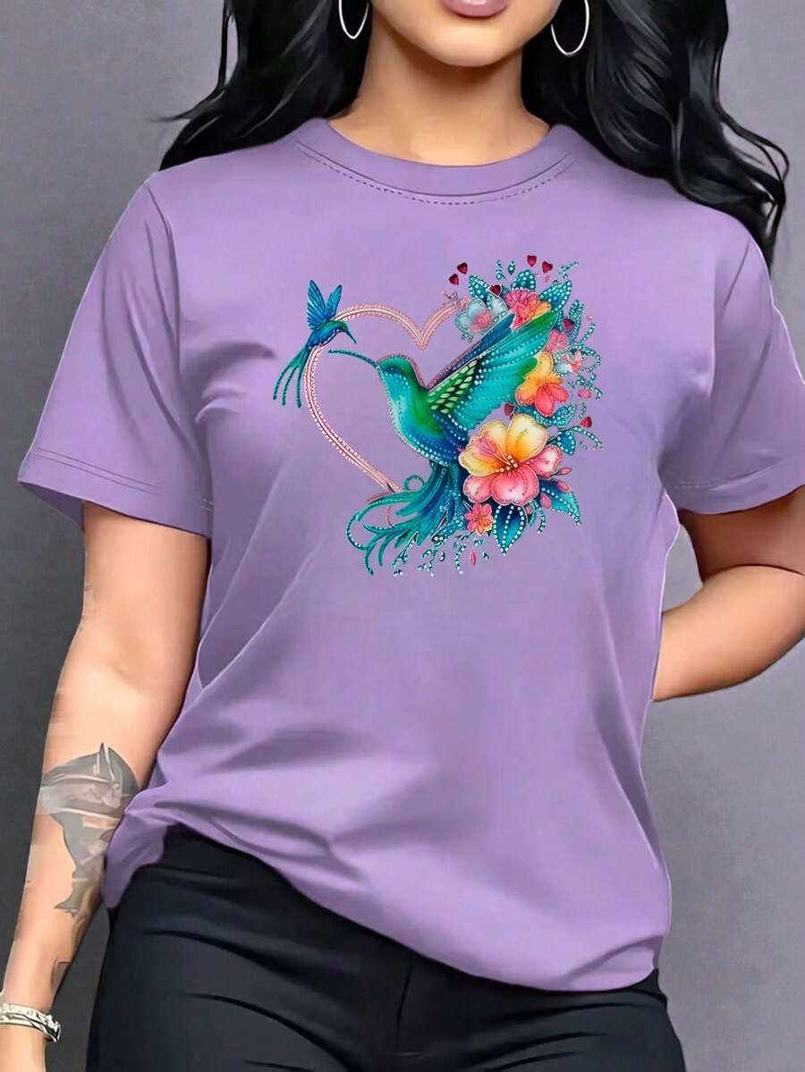 on mariposa colibri flor flores floral estilo glitter gliter brillos brillante uso diario dia noche san valentin dia de los enamorados material suave corte holgado cuello redondo manga corta - Lila Púrpura - Ver 1