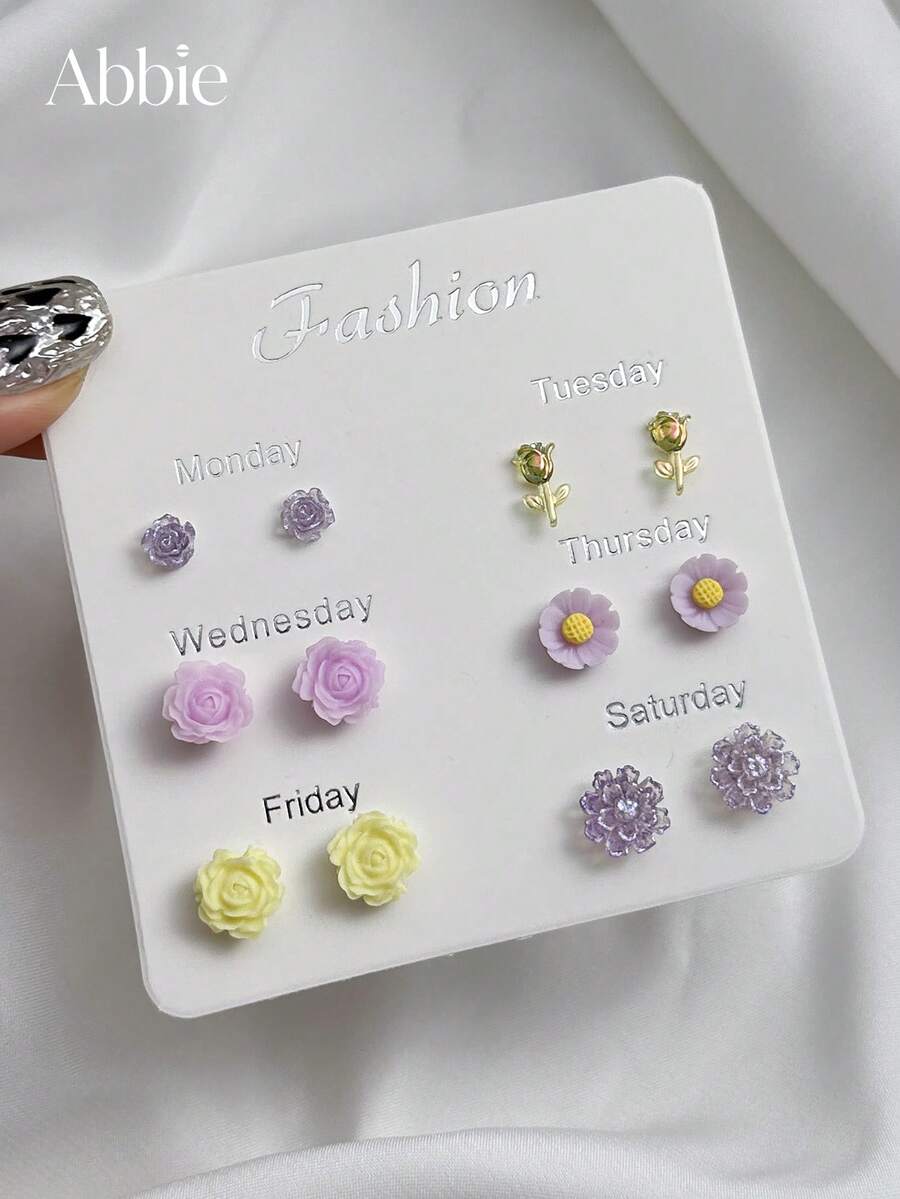 6 Paar sortierte Blumen-Ohrstecker Set für Frauen, geeignet für den täglichen Gebrauch und Pendeln, Schmuckgeschenk für Freunde - Verschiedenfarbig - Übersicht 1