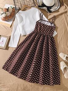 Left Mama Girls Elegant Bowknot Long Sleeve Top & Polka Dot Spaghetti Strap Dress, Spring/Autumn - Brown - View 3