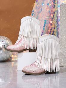 NILOSH Girls' Sequin Tassel Denim Boots, Western Mid-Calf Boots, Suitable For Party, Dance And Performance - White - View 7